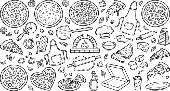 Pizza making line art doodle set featuring whole pizzas slices brick oven ingredients aprons box and cooking tools vector illustration