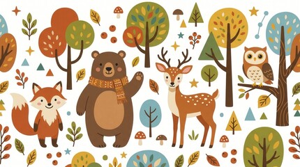 Fototapeta premium Cute cartoon fox, bear, deer, and owl stand among colorful autumn trees and leaves