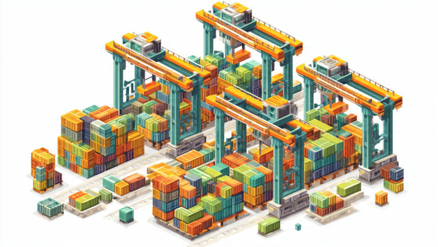 isometric view of large cargo port with colorful shipping containers and cranes for logistical transportation and freight handling