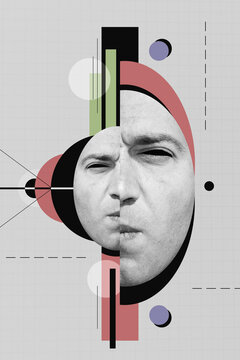 Collage art in constructivism style with face of a man