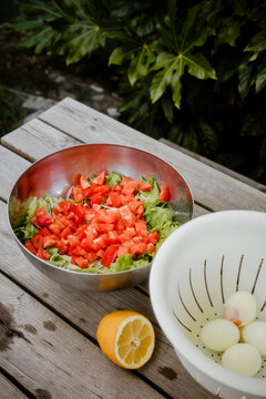 Preparing a Fresh Salad With Tomatoes and Lettuce Outdoors