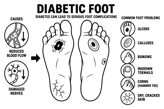 Medical illustration of common diabetic foot complications Vector