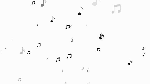 Abstract flying music notes on white background. Black musical instrument floating up stream animation. Concept of music party. Animated musical notes soft particle overlay- Sound symbol streaming.