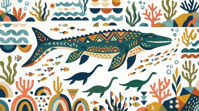 Large ancient marine reptile and smaller plesiosaurs navigate among fish and coral in the deep sea