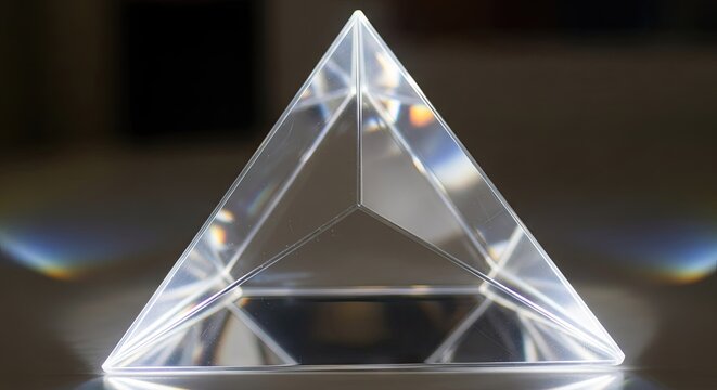 Clear glass triangular prism reflecting light on dark surface.