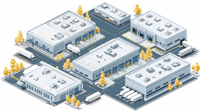 isometric view of modern warehouse complex with loading docks and yellow trees in clean industrial setting