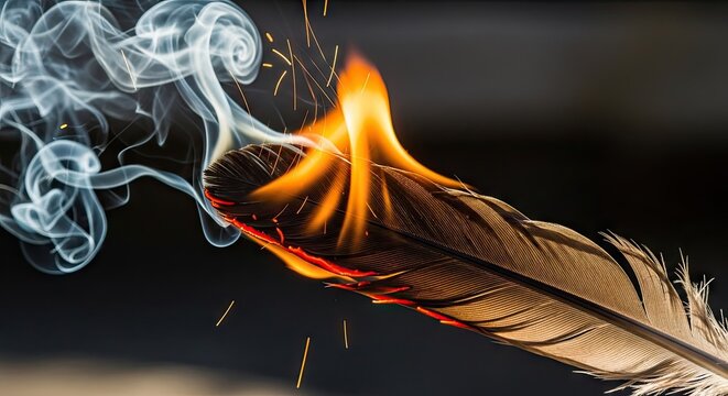 Close up of feather burning with sparks and smoke.