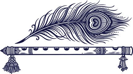 Intricate line art illustration of a peacock feather and bansuri flute isolated on transparent background © KolyBegum