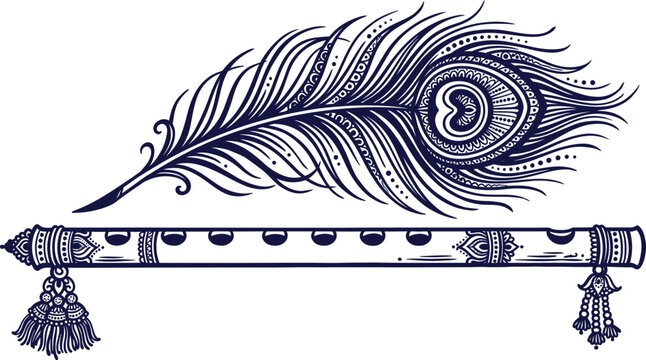 Intricate line art illustration of a peacock feather and bansuri flute isolated on transparent background