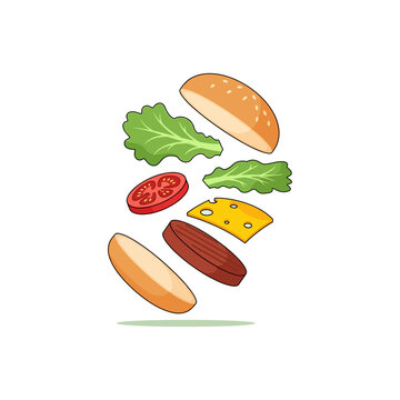 flying burger ingredients illustration with deconstructed hamburger components in cartoon style