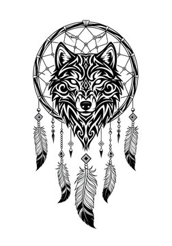 Close up tribal wolf dreamcatcher tattoo design art