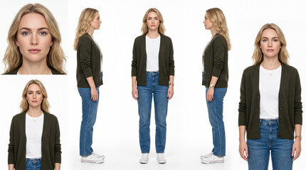 Obraz premium Young woman in casual outfit posing for studio portraits from multiple angles