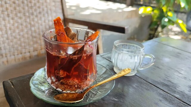 This is Wedang Uwuh, a traditional drink from Yogyakarta, Java, made from an infusion of various natural spices that are beneficial for health. Drinks for a healthy lifestyle.