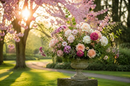 Floral arrangement in a park setting, bathed in morning sunlight among blossoms.