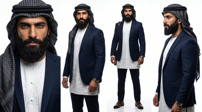 Modern Arab businessman in traditional attire with a formal suit jacket
