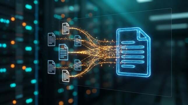 Abstract representation of data transformation with glowing data streams flowing from digital documents to a central abstract form.