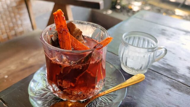 This is Wedang Uwuh, a traditional drink from Yogyakarta, Java, made from an infusion of various natural spices that are beneficial for health. Drinks for a healthy lifestyle.