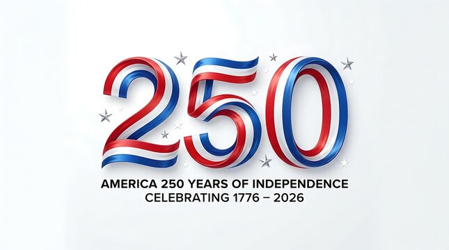 America 250 years of independence celebrating 1776-2026, patriotic number 250 in american flag colors, stars, red white blue ribbon effect, usa bicentennial anniversary concept.