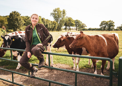 A smiling young female farmer in workwear sits on a green metal pasture gate, with a group of black-and-white and red-and-white dairy cows standing on the meadow behind her.