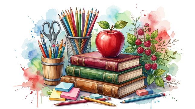 School supplies and books with apple and colorful pencils