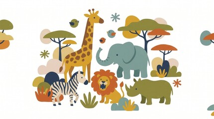 Obraz premium Diverse African safari animals gathered together in a charming illustrated savanna landscape