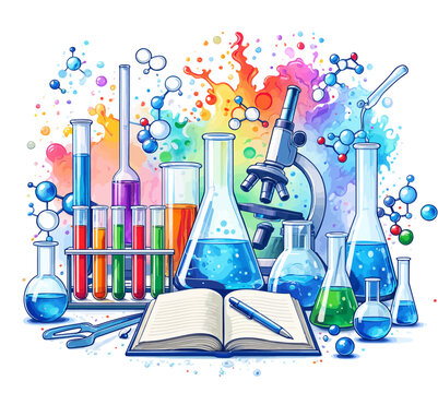 Colorful chemistry lab equipment with microscope and test tubes