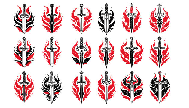 Fantasy Sword Emblems with Flames and Wings Set
