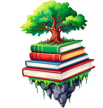 Tree on stack of colorful books floating on rock with green moss