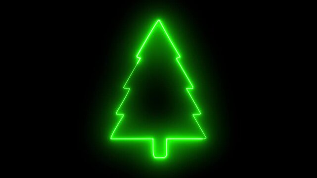 Glowing neon green christmas tree sign animation on black background