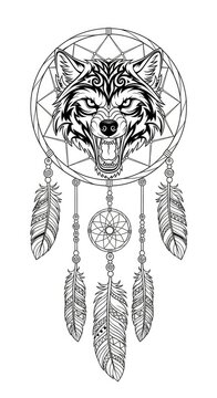 Detailed snarling wolf dreamcatcher tattoo design