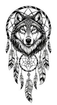 Detailed wolf portrait inside vertical dreamcatcher illustration.