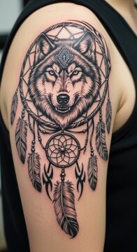 Detailed wolf portrait tattoo on upper arm.