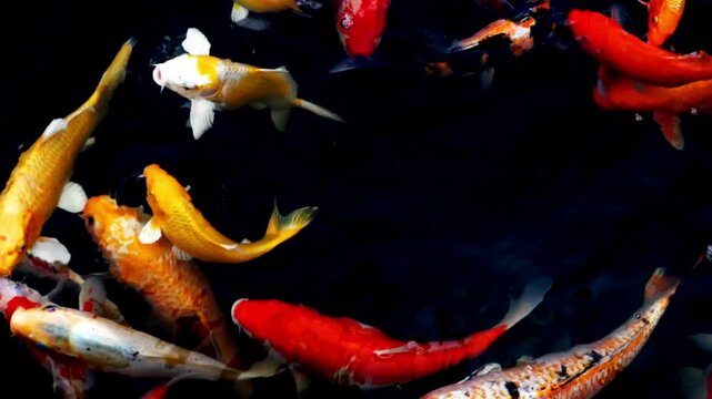 Vibrant orange and white koi fish swimming in dark water with various scales and fins