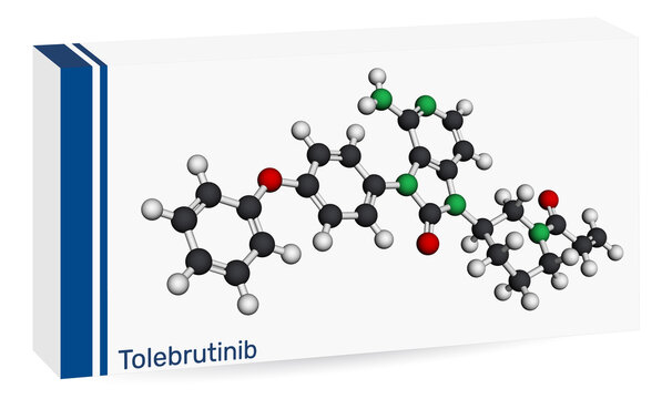 Tolebrutinib drug molecule. BTK inhibitor, Bruton's tyrosine kinase inhibitor, multiple sclerosis treatment. Paper packaging for drugs. 3D render