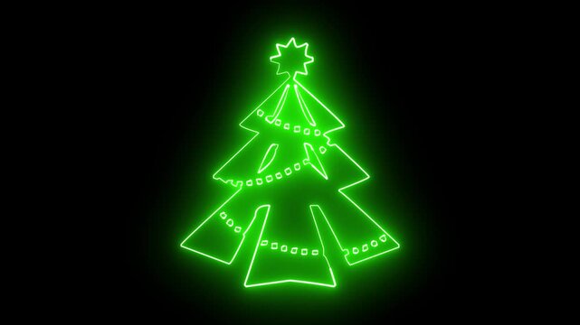 Neon green christmas tree outline animation on black background