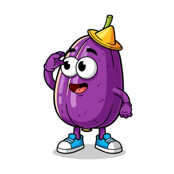 Funny aubergine character wearing a cheerful hat and blue sneakers standing in a polite salute pose representing healthy nutrition and joyful organic food choices for children and educational