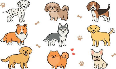 Fototapeta premium Cute Cartoon Dog Breeds Vector Set with Dalmatian Husky Beagle Pomeranian and Labrador for Pet Design