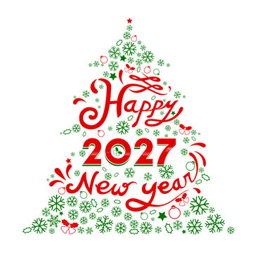 Happy new year 2027. Christmas tree decorated with xmas ornaments. Merry Christmas and Happy New Year