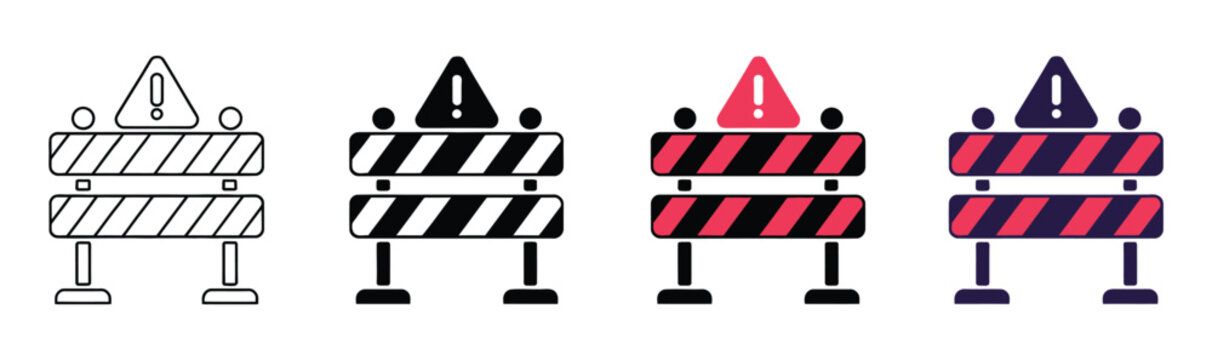 Road construction icon set, vector illustration featuring safety barriers, striped warning barricades, site protection signs, traffic control, work zone hazard safety design elements.