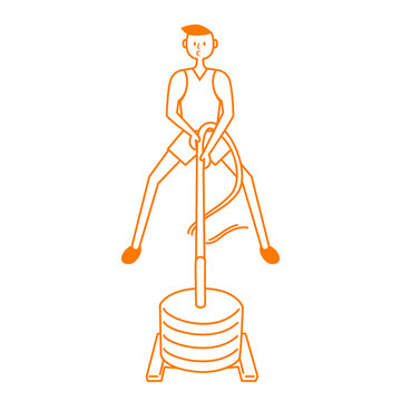 Vector hand drawn in minimal linear style of a man training the sled pull workout of Hyrox functional training