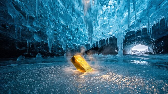 Gold bar resting on frozen floor inside glowing blue ice cave