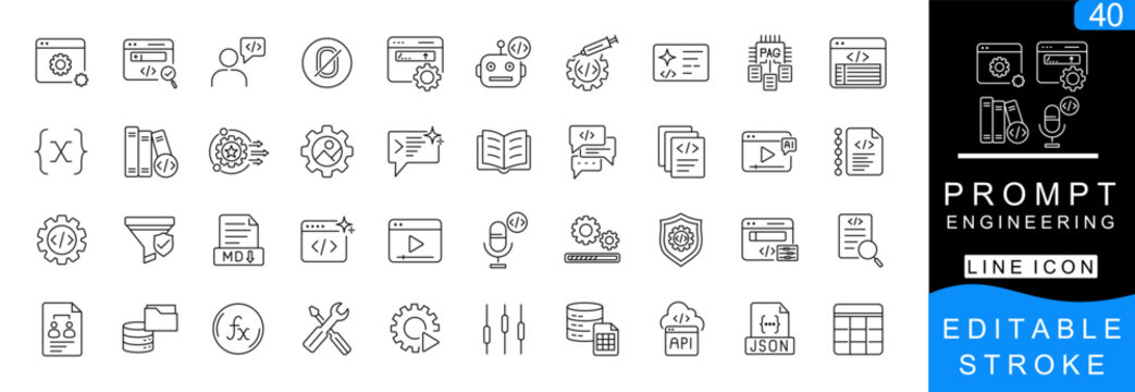 Prompt Engineering Line Icon Set &ndash; AI, Generative AI, Chatbot, LLM, Machine Learning, Prompt Design Editable Stroke