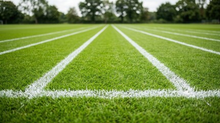 Obraz premium White lines painted on green grass sports field running track