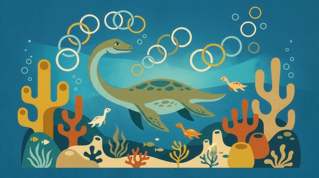 A large plesiosaur swims with smaller plesiosaurs among coral and plants on the ocean floor