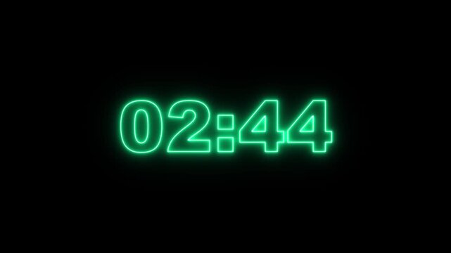 3 minute stopwatch , analog glowing neon clock icon animation on black background. Dynamic 3 minute countdown timer with neon effect.