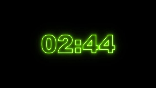 3 minute stopwatch , analog glowing neon clock icon animation on black background. Dynamic 3 minute countdown timer with neon effect.