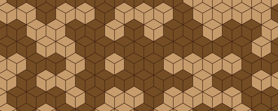 Abstract geometric seamless pattern with light and dark brown 3D cubes. Minimalist isometric block texture on a panoramic banner backdrop.