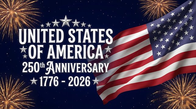 United states of america 250th anniversary 1776 2026 with american flag and fireworks.
