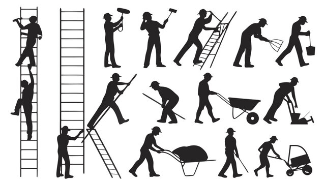 Silhouettes of Construction Workers with Helmets Engaged in Various Building Tasks