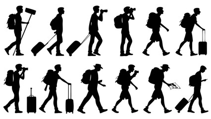 Naklejka premium Travelers Walking with Luggage and Cameras Silhouette Vector Illustration Set